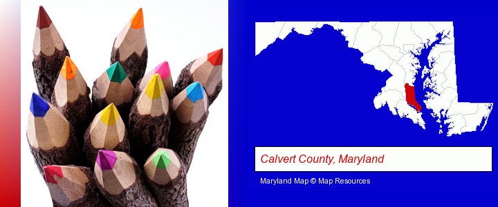 colored pencils; Calvert County, Maryland highlighted in red on a map