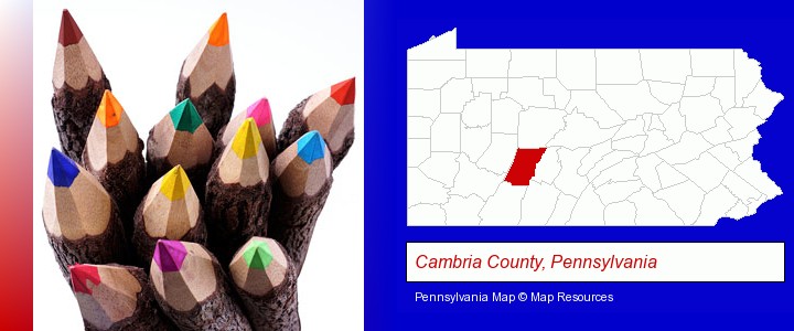 colored pencils; Cambria County, Pennsylvania highlighted in red on a map