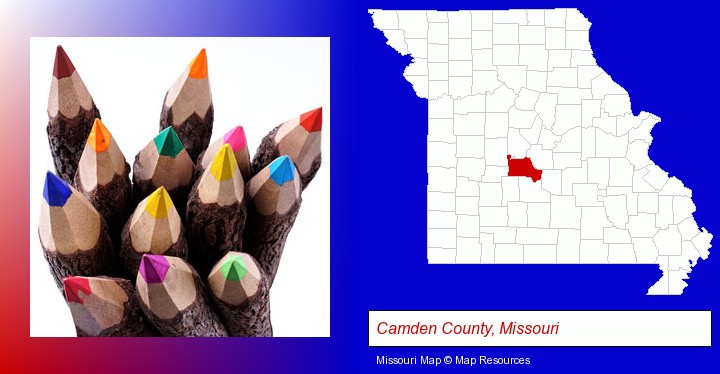 colored pencils; Camden County, Missouri highlighted in red on a map