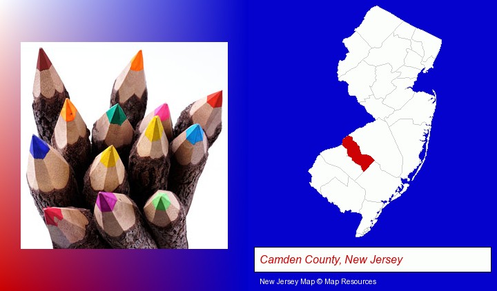 colored pencils; Camden County, New Jersey highlighted in red on a map