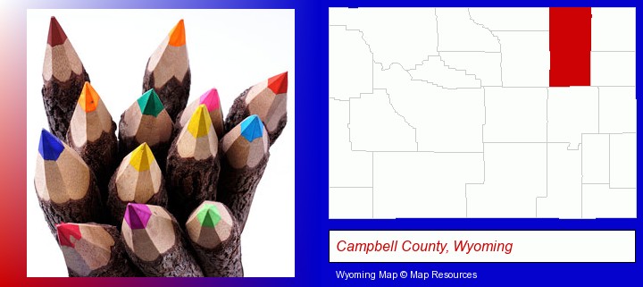 colored pencils; Campbell County, Wyoming highlighted in red on a map