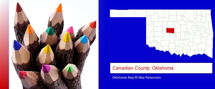 colored pencils; Canadian County, Oklahoma highlighted in red on a map