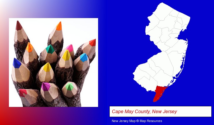 colored pencils; Cape May County, New Jersey highlighted in red on a map