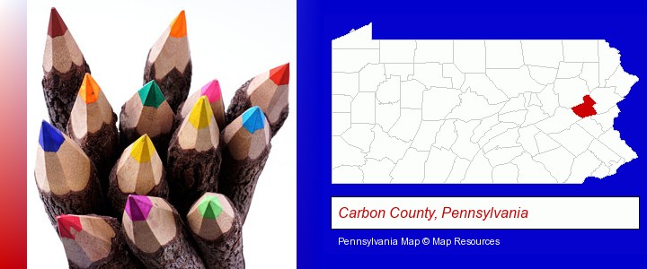 colored pencils; Carbon County, Pennsylvania highlighted in red on a map