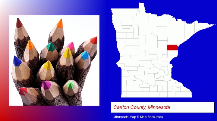 colored pencils; Carlton County, Minnesota highlighted in red on a map