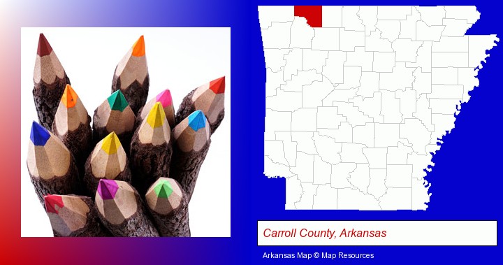 colored pencils; Carroll County, Arkansas highlighted in red on a map