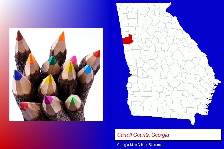 colored pencils; Carroll County, Georgia highlighted in red on a map