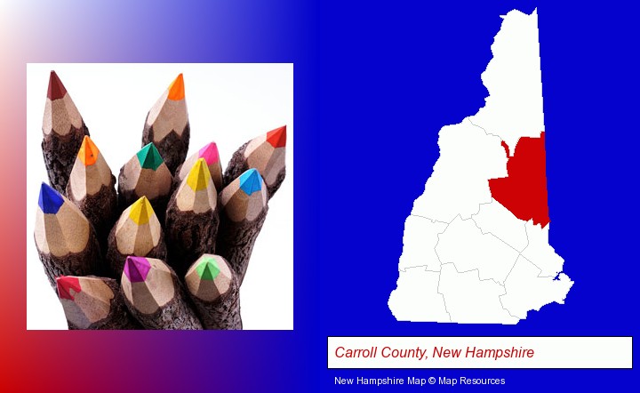 colored pencils; Carroll County, New Hampshire highlighted in red on a map