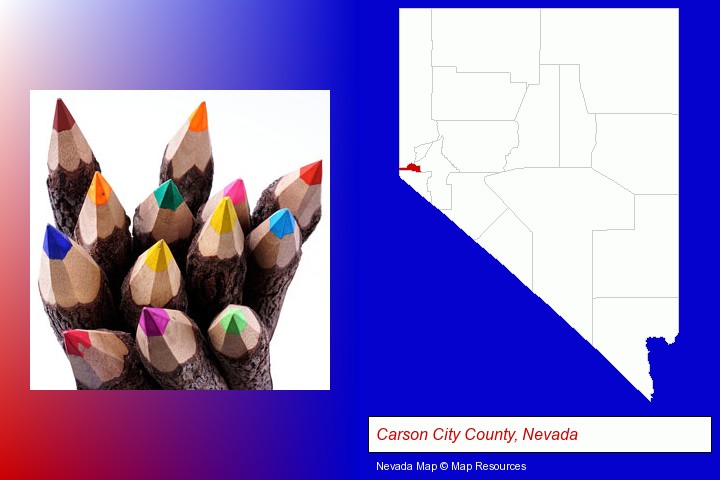 colored pencils; Carson City County, Nevada highlighted in red on a map