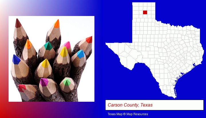 colored pencils; Carson County, Texas highlighted in red on a map