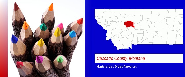 colored pencils; Cascade County, Montana highlighted in red on a map