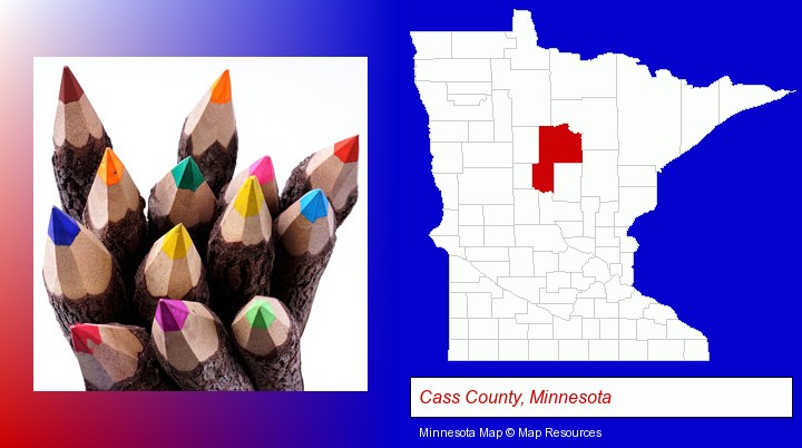 colored pencils; Cass County, Minnesota highlighted in red on a map