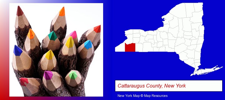 colored pencils; Cattaraugus County, New York highlighted in red on a map