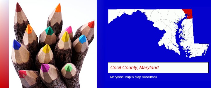 colored pencils; Cecil County, Maryland highlighted in red on a map