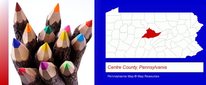 colored pencils; Centre County, Pennsylvania highlighted in red on a map