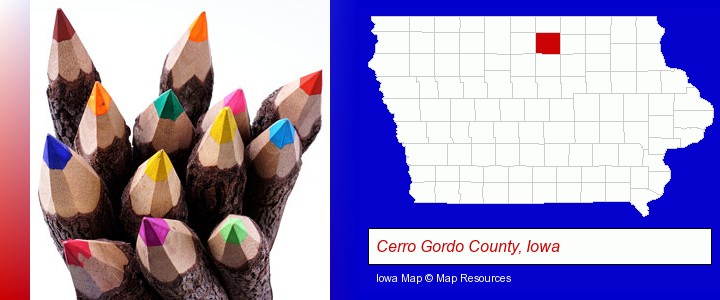 colored pencils; Cerro Gordo County, Iowa highlighted in red on a map