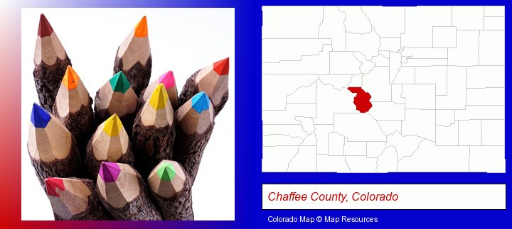 colored pencils; Chaffee County, Colorado highlighted in red on a map
