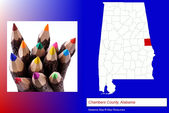 colored pencils; Chambers County, Alabama highlighted in red on a map