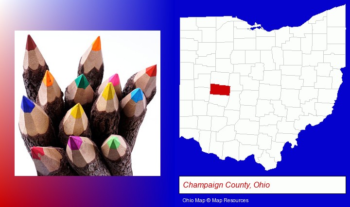 colored pencils; Champaign County, Ohio highlighted in red on a map