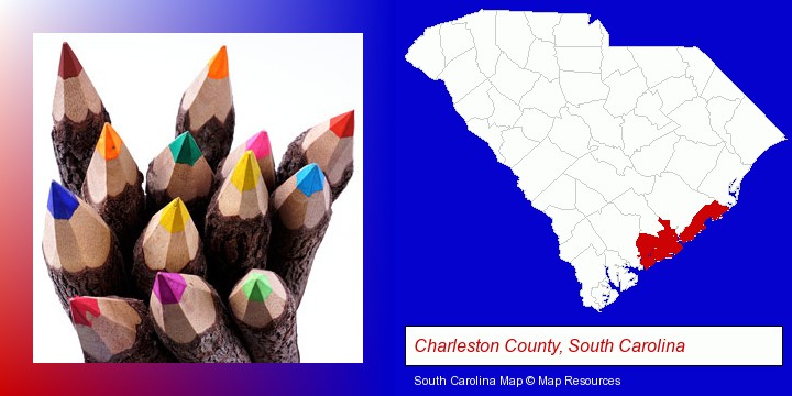 colored pencils; Charleston County, South Carolina highlighted in red on a map