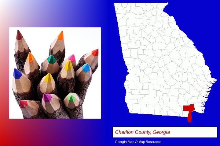 colored pencils; Charlton County, Georgia highlighted in red on a map