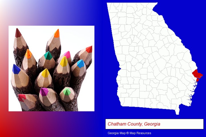 colored pencils; Chatham County, Georgia highlighted in red on a map