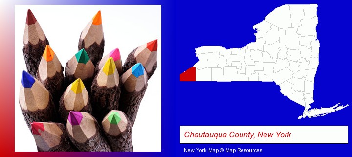 colored pencils; Chautauqua County, New York highlighted in red on a map