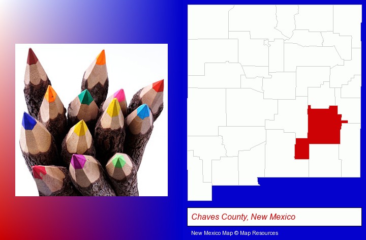 colored pencils; Chaves County, New Mexico highlighted in red on a map