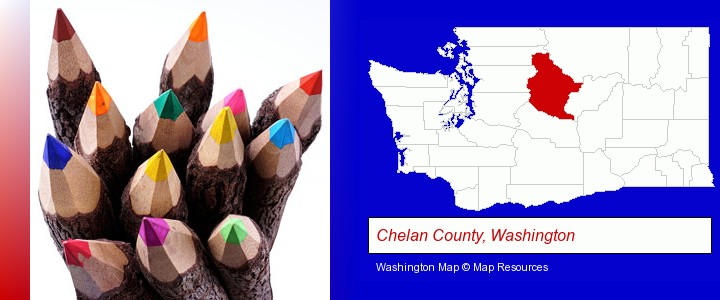 colored pencils; Chelan County, Washington highlighted in red on a map