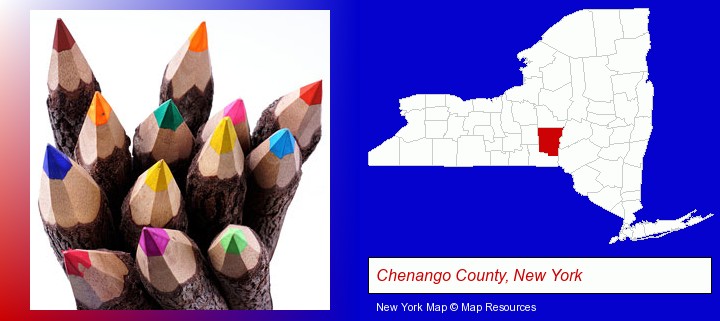 colored pencils; Chenango County, New York highlighted in red on a map