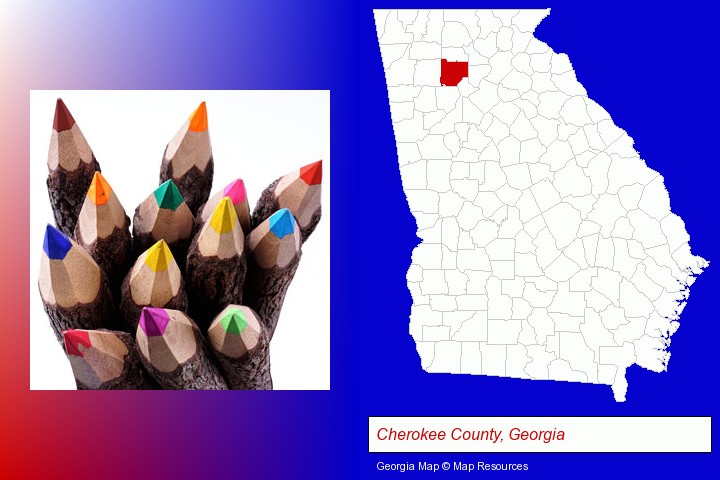 colored pencils; Cherokee County, Georgia highlighted in red on a map