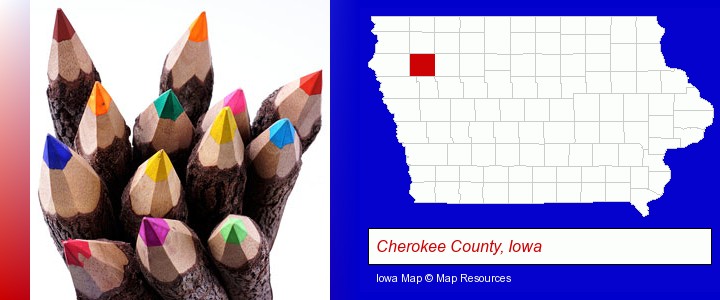 colored pencils; Cherokee County, Iowa highlighted in red on a map