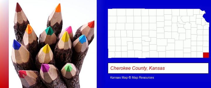 colored pencils; Cherokee County, Kansas highlighted in red on a map