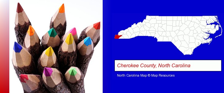 colored pencils; Cherokee County, North Carolina highlighted in red on a map