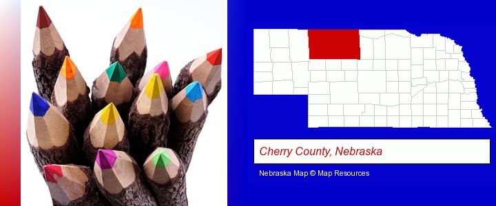 colored pencils; Cherry County, Nebraska highlighted in red on a map