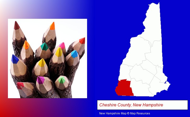 colored pencils; Cheshire County, New Hampshire highlighted in red on a map