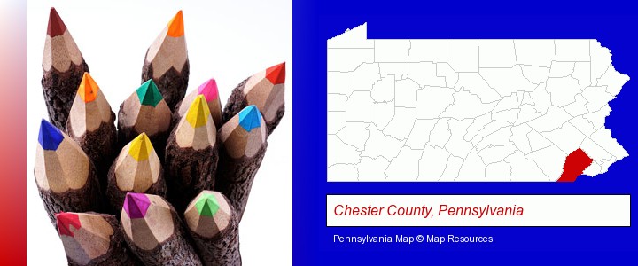colored pencils; Chester County, Pennsylvania highlighted in red on a map
