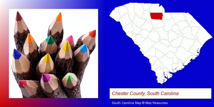 colored pencils; Chester County, South Carolina highlighted in red on a map