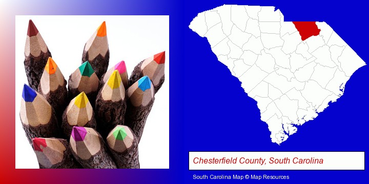 colored pencils; Chesterfield County, South Carolina highlighted in red on a map