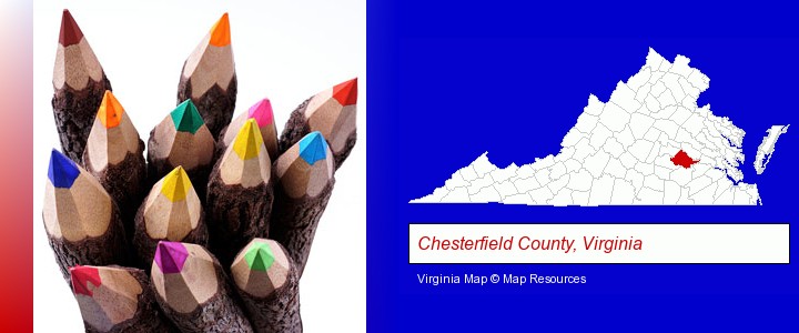 colored pencils; Chesterfield County, Virginia highlighted in red on a map