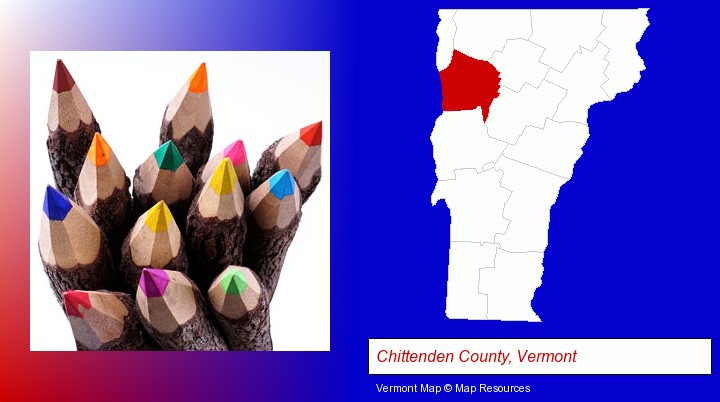 colored pencils; Chittenden County, Vermont highlighted in red on a map