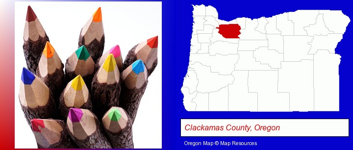 colored pencils; Clackamas County, Oregon highlighted in red on a map