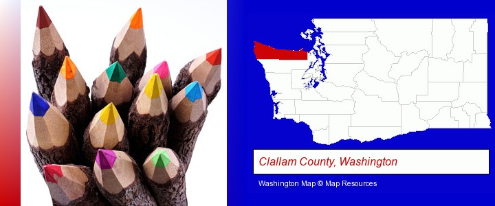 colored pencils; Clallam County, Washington highlighted in red on a map
