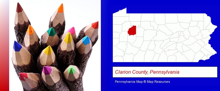 colored pencils; Clarion County, Pennsylvania highlighted in red on a map