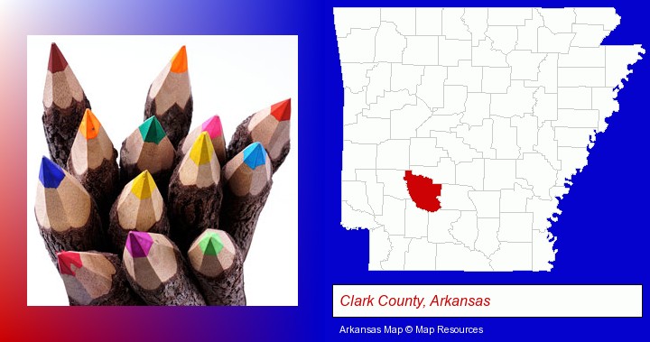 colored pencils; Clark County, Arkansas highlighted in red on a map