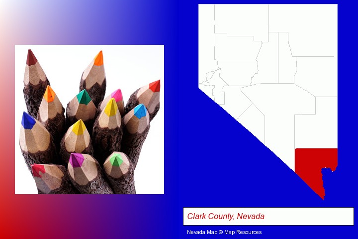 colored pencils; Clark County, Nevada highlighted in red on a map