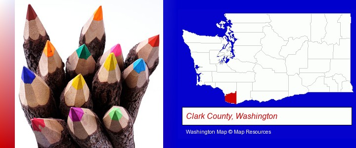 colored pencils; Clark County, Washington highlighted in red on a map