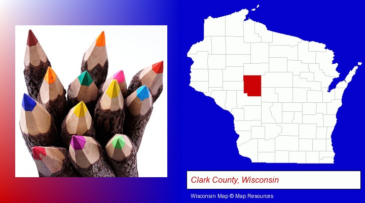 colored pencils; Clark County, Wisconsin highlighted in red on a map
