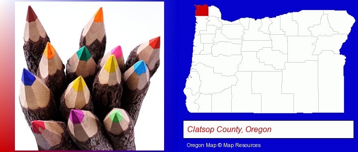 colored pencils; Clatsop County, Oregon highlighted in red on a map