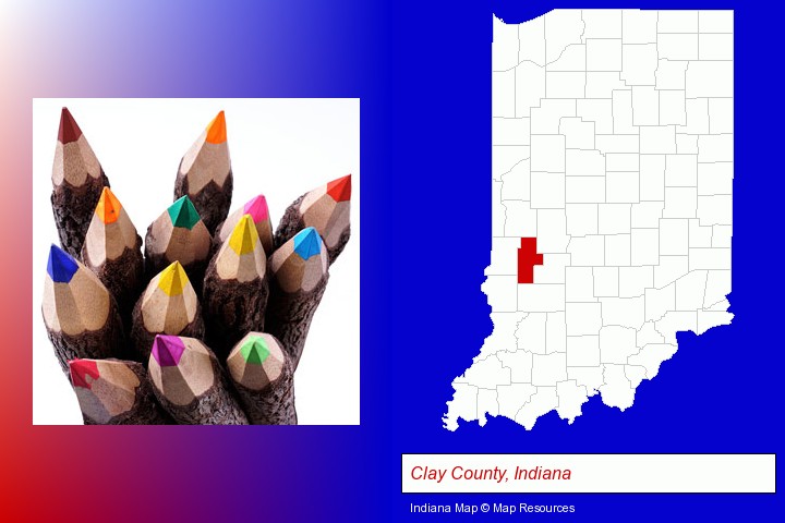 colored pencils; Clay County, Indiana highlighted in red on a map